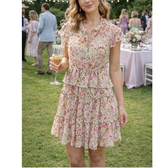 MISA Los Angeles Embroidered Eyelet Ruffle Tiered Dress Pink Floral Medium